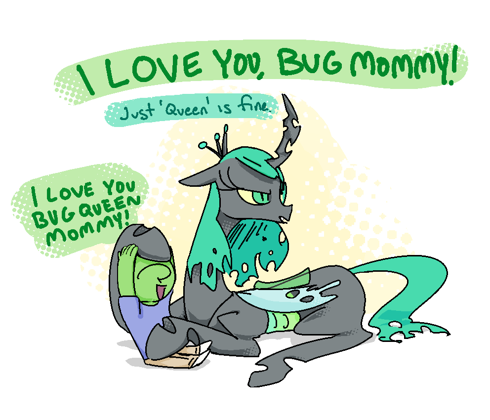 Я люблю тебя Жуко-Мама! - My Little Pony, Queen Chrysalis, Anon, Арт, Nobby, Adequality, Коллаб