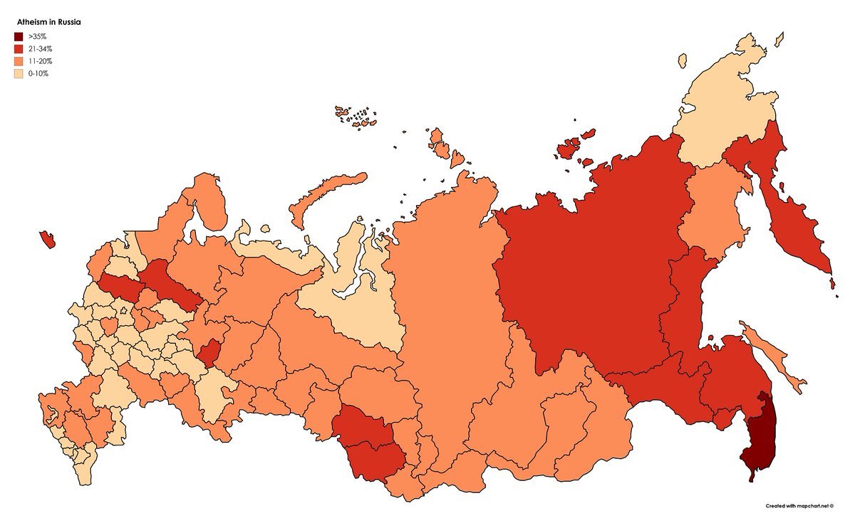 Процент жителей России считающих себя атеистами. Карта с данными по субъектам федерации. - Карта России, Атеизм, Интересное