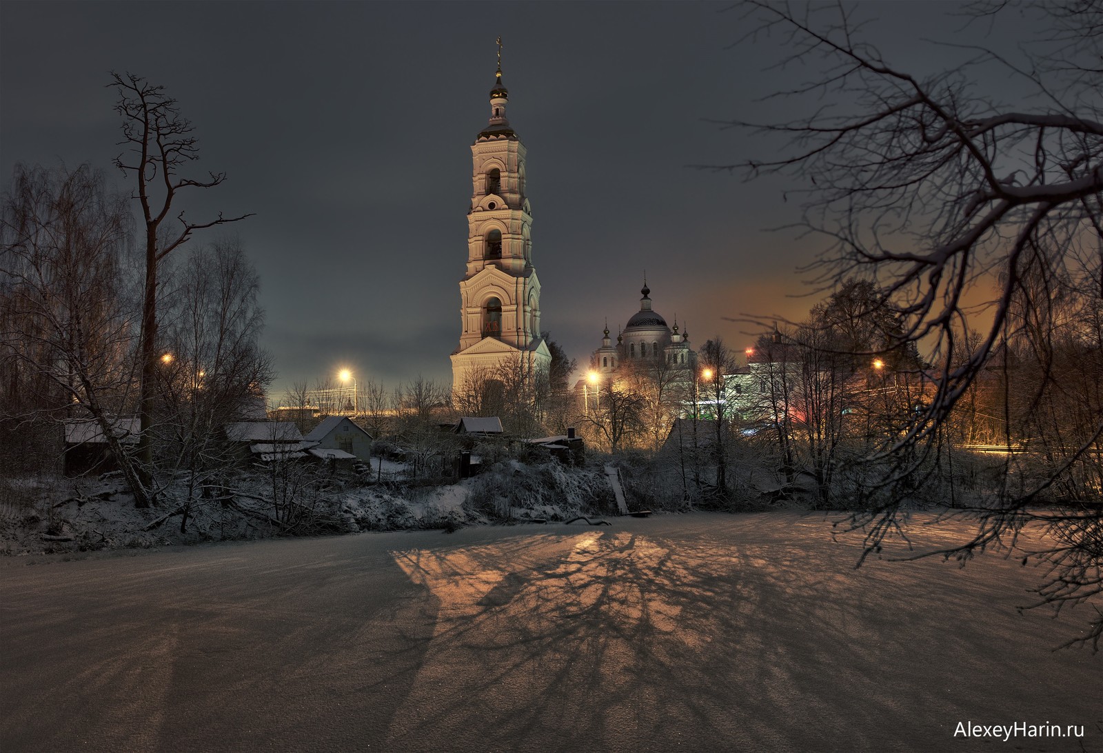 night shadows - My, Temple, Bell tower, Night, Snow, Shadow, The photo