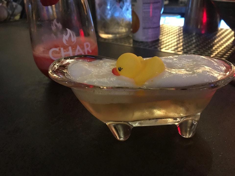 Cocktail served in a small glass tub and garnished with a tiny rubber duck - The photo, Cocktail, Bar, Bath, Duck, Alcohol, Reddit