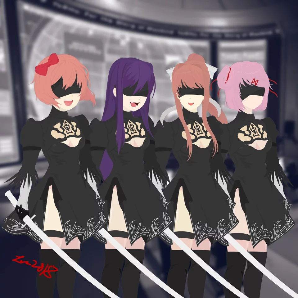 Doki Doki Automata Club! - Doki Doki Literature Club, Кроссовер, NIER Automata, Anime Art, Визуальная новелла, Игры