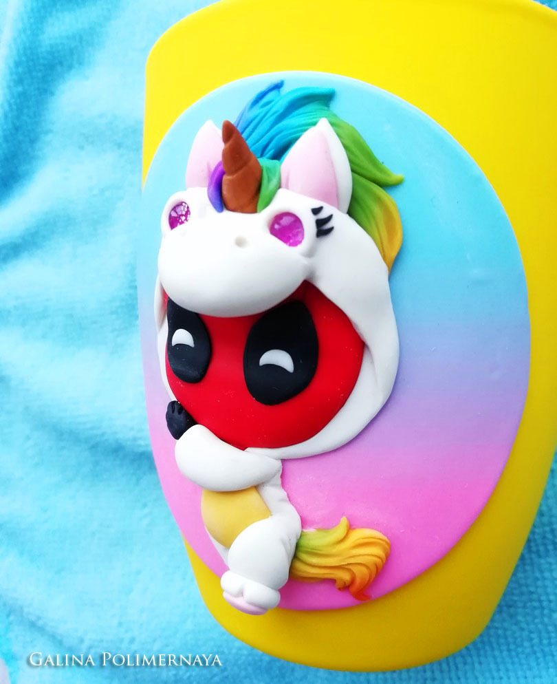 Deadpool in a unicorn costume ^_^ - My, Deadpool, Unicorn, Polymer clay, Needlework without process, Handmade, Handmade, Кружки, Chibi, Longpost, Mug with decor