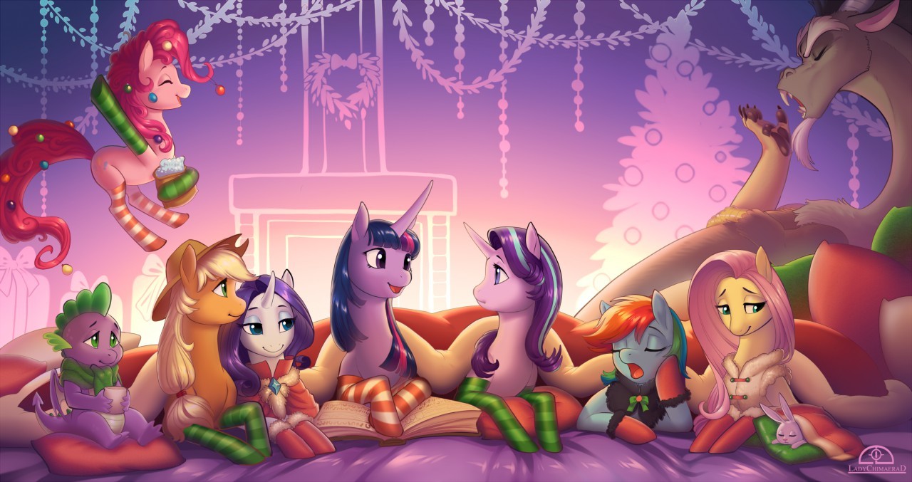 Happy Hearth's Warming! - Ladychimaera, Mane 6, Starlight Glimmer, Spike, My Little Pony, PonyArt, Mane 7, Discord