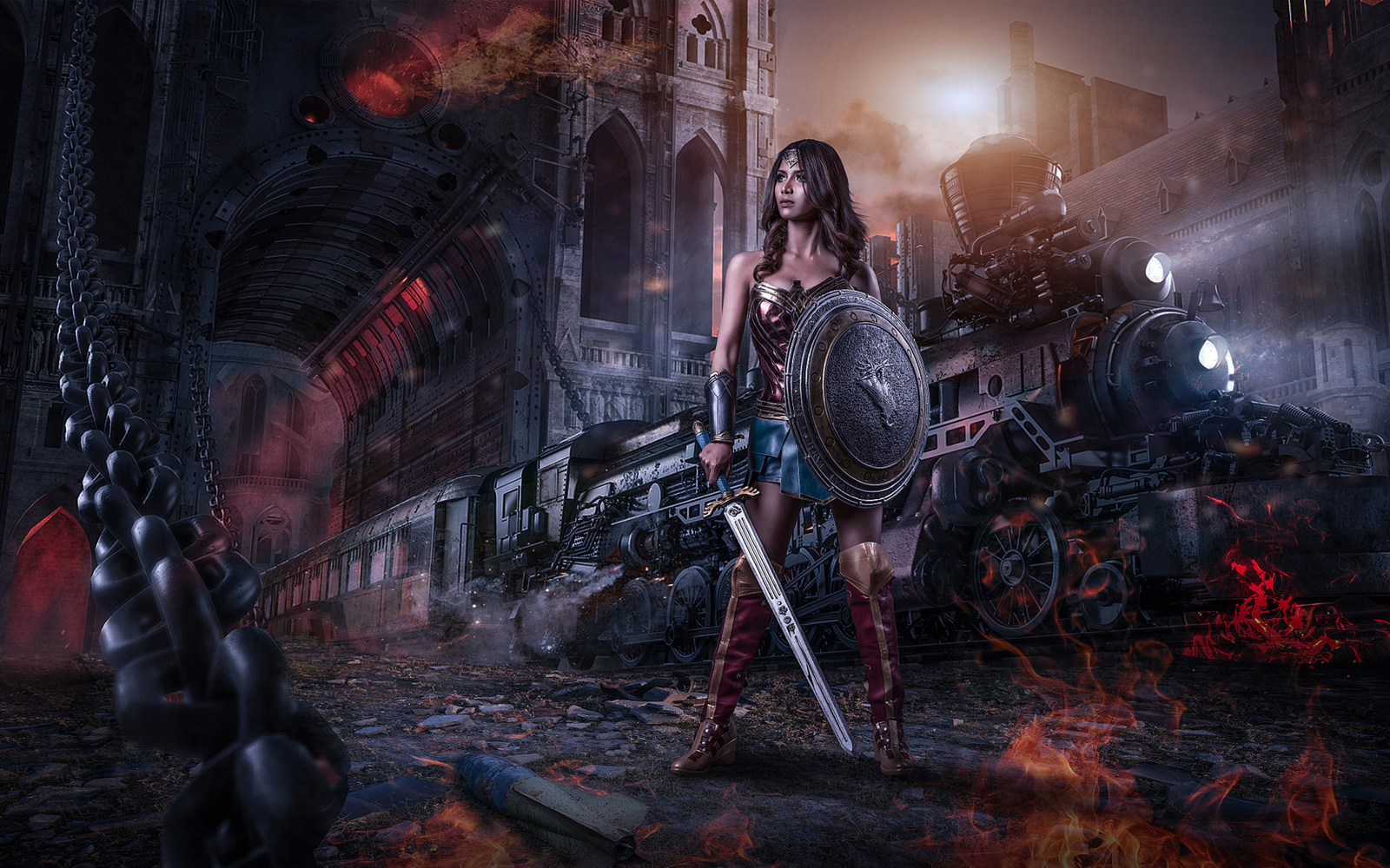 Wonder Woman - Art, Drawing, Wonder Woman, Diana Prince, Locomotive, Steampunk, 3D, Fantasy