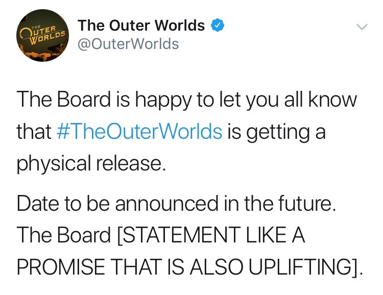 The Outer Worlds появится на физических носителях - Игры, Компьютерные игры, The Outer Worlds, Twitter