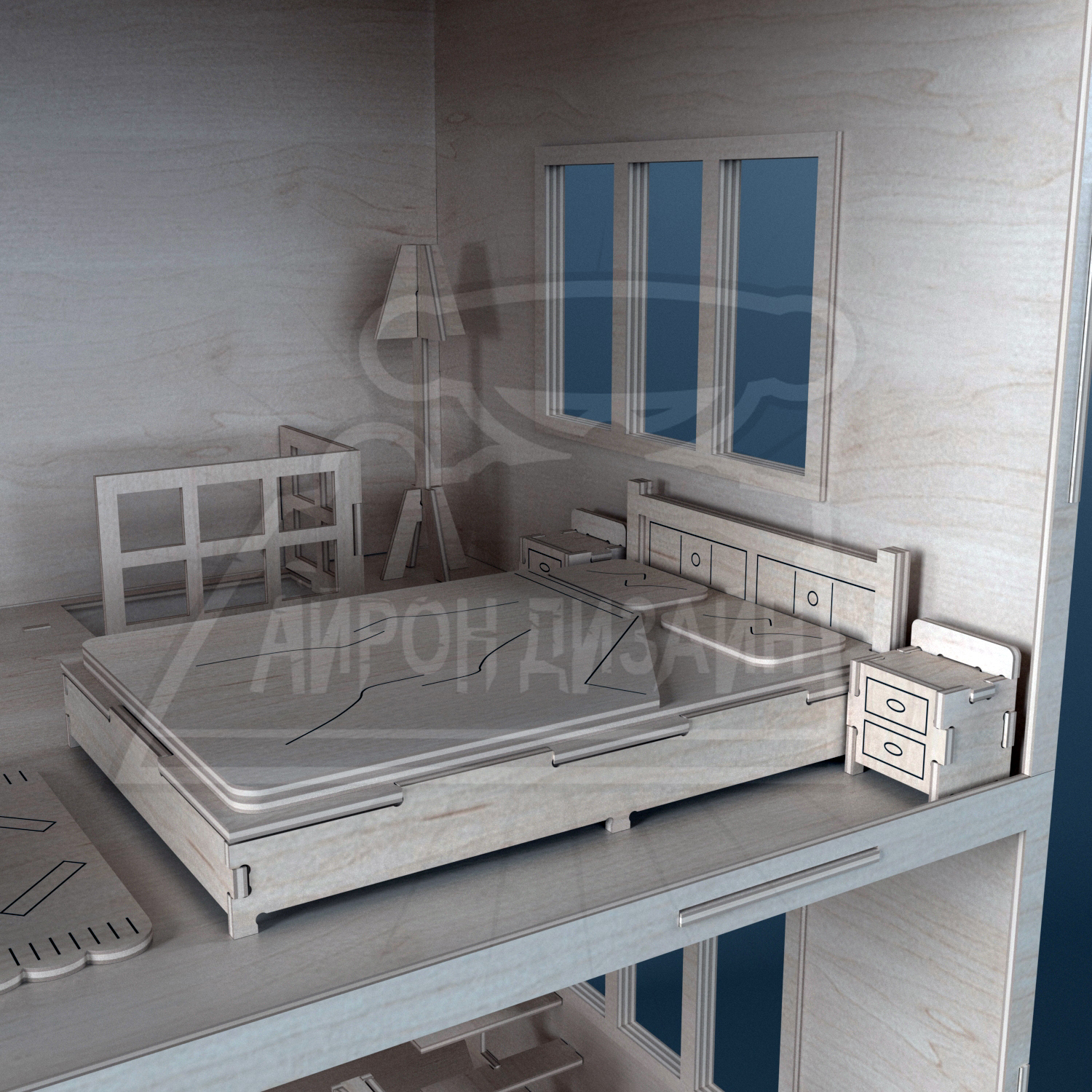 3D model of a plywood house - My, 3D max, 3D modeling, Dollhouse, Crafts, Render, 3D render, Longpost, 3DS max